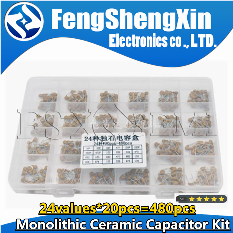 Capacitor Kit Assortment - 24values*20pcs=480pcs 50V 10PF~10UF 5.08mm Multilayer Ceramic
