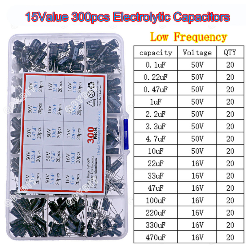Capacitor Kit Assortment - 300pcs 15 types 16V 50V 0.1uf-470uF