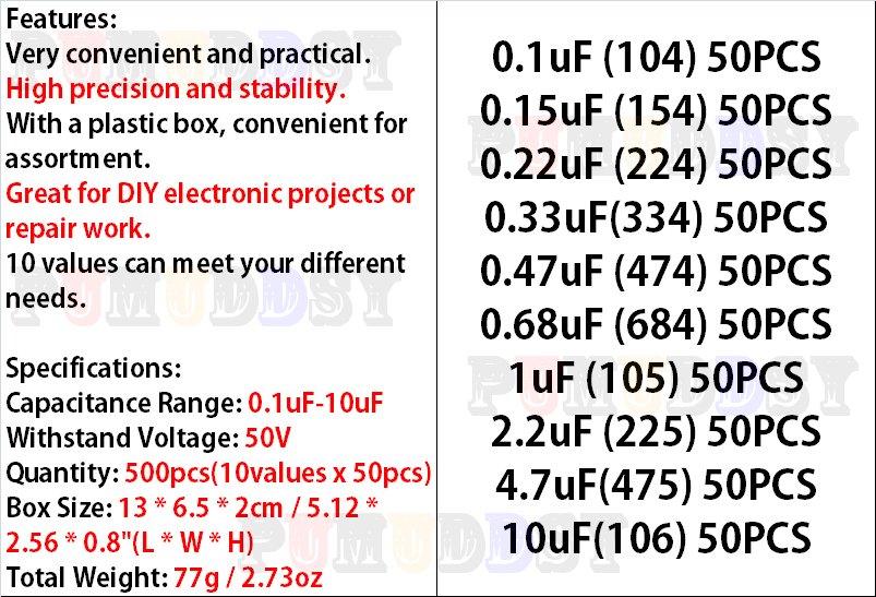 500pcs/lot 10values*50pcs 0.1u - Capacitor Kit Assortment review and price